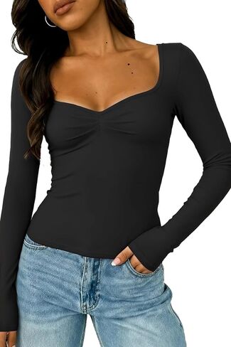 ForeFair Women's Long Sleeve Going Out Tops Pleated Basic T Shirts Cute Sweetheart Neck Y2K Fall Tops in Saudi Arabia