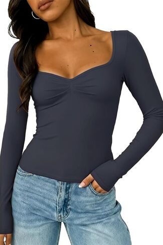 ForeFair Women's Long Sleeve Going Out Tops Pleated Basic T Shirts Cute Sweetheart Neck Y2K Fall Tops in Saudi Arabia