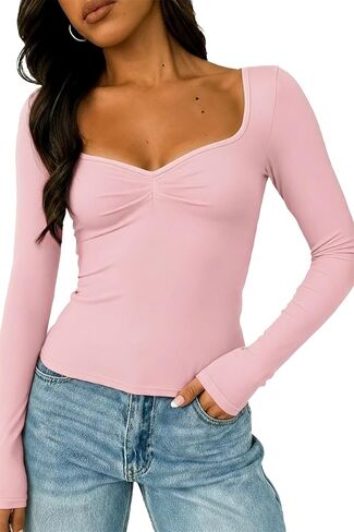 ForeFair Women's Long Sleeve Going Out Tops Pleated Basic T Shirts Cute Sweetheart Neck Y2K Fall Tops in Saudi Arabia