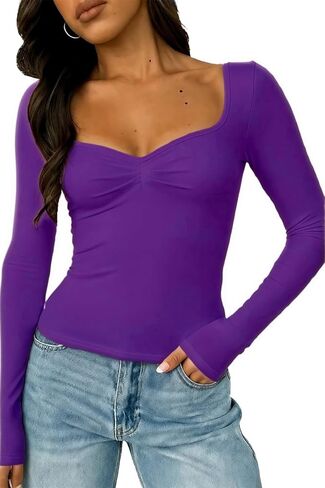 ForeFair Women's Long Sleeve Going Out Tops Pleated Basic T Shirts Cute Sweetheart Neck Y2K Fall Tops in Saudi Arabia