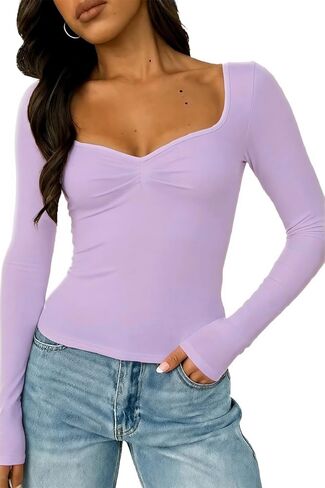 ForeFair Women's Long Sleeve Going Out Tops Pleated Basic T Shirts Cute Sweetheart Neck Y2K Fall Tops in Saudi Arabia