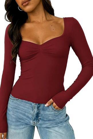 ForeFair Women's Long Sleeve Going Out Tops Pleated Basic T Shirts Cute Sweetheart Neck Y2K Fall Tops in Saudi Arabia