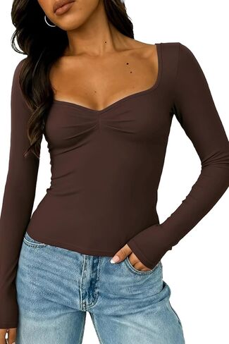 ForeFair Women's Long Sleeve Going Out Tops Pleated Basic T Shirts Cute Sweetheart Neck Y2K Fall Tops in Saudi Arabia
