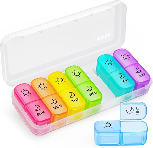 AUVON Weekly Pill Organizer 2 Times a Day in 7 Colors with Face-Up Labels for Easy Organization, Portable AM PM Pill Box 7 Day with Dual Protection Keeps Medications, Vitamins, Fish Oils from Spills in Saudi Arabia