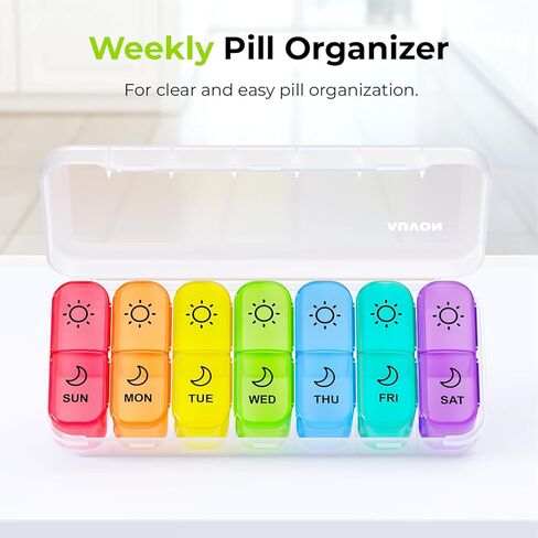 AUVON Weekly Pill Organizer 2 Times a Day in 7 Colors with Face-Up Labels for Easy Organization, Portable AM PM Pill Box 7 Day with Dual Protection Keeps Medications, Vitamins, Fish Oils from Spills in Saudi Arabia