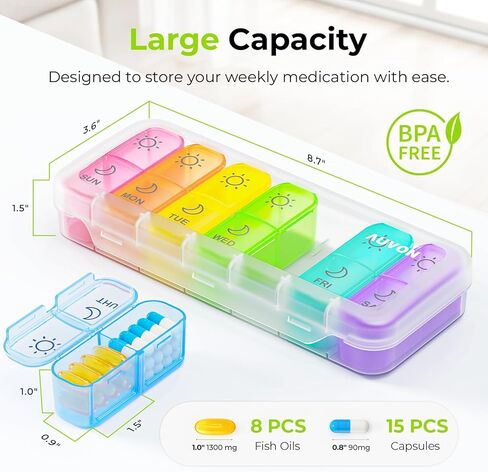 AUVON Weekly Pill Organizer 2 Times a Day in 7 Colors with Face-Up Labels for Easy Organization, Portable AM PM Pill Box 7 Day with Dual Protection Keeps Medications, Vitamins, Fish Oils from Spills in Saudi Arabia