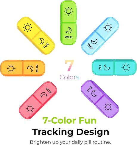 AUVON Weekly Pill Organizer 2 Times a Day in 7 Colors with Face-Up Labels for Easy Organization, Portable AM PM Pill Box 7 Day with Dual Protection Keeps Medications, Vitamins, Fish Oils from Spills in Saudi Arabia