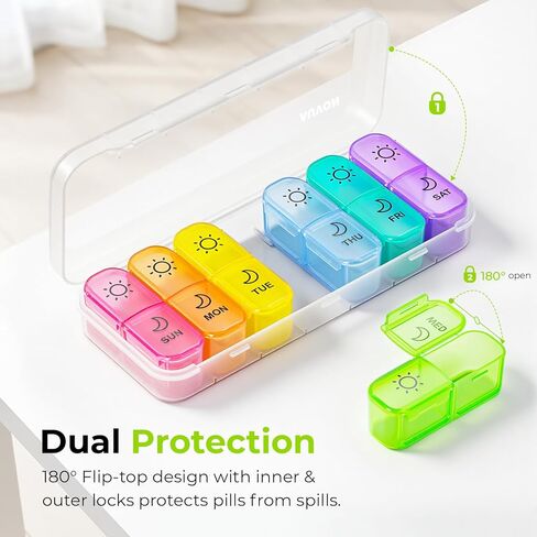 AUVON Weekly Pill Organizer 2 Times a Day in 7 Colors with Face-Up Labels for Easy Organization, Portable AM PM Pill Box 7 Day with Dual Protection Keeps Medications, Vitamins, Fish Oils from Spills in Saudi Arabia