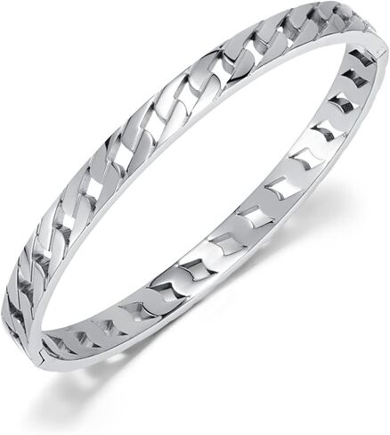 Rockyu Women's Silver Chain Bangle Hypoallergenic Stainless Steel Openwork Bracelet Stylish Accessory Birthday Gift in Kuwait