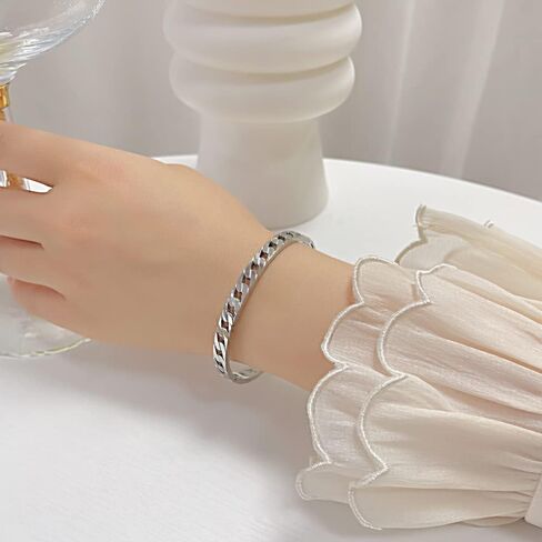 Rockyu Women's Silver Chain Bangle Hypoallergenic Stainless Steel Openwork Bracelet Stylish Accessory Birthday Gift in Kuwait