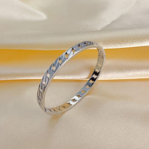 Rockyu Women's Silver Chain Bangle Hypoallergenic Stainless Steel Openwork Bracelet Stylish Accessory Birthday Gift in Kuwait