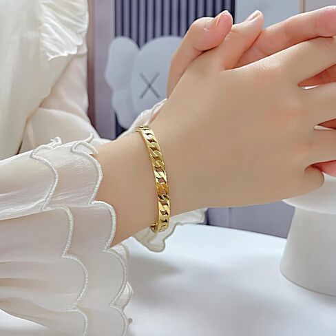 Rockyu Women's Silver Chain Bangle Hypoallergenic Stainless Steel Openwork Bracelet Stylish Accessory Birthday Gift in Kuwait