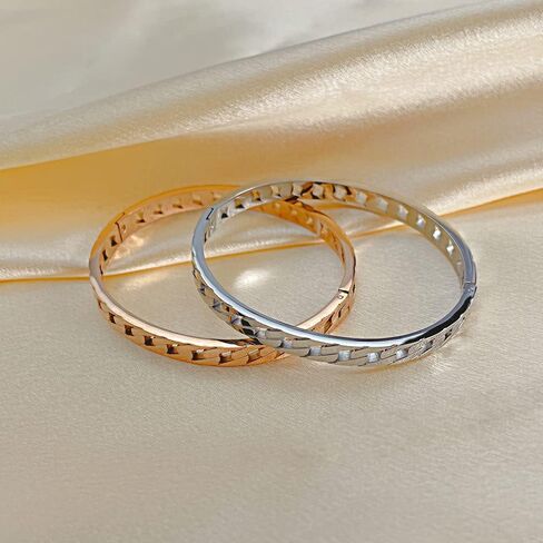 Rockyu Women's Silver Chain Bangle Hypoallergenic Stainless Steel Openwork Bracelet Stylish Accessory Birthday Gift in Kuwait