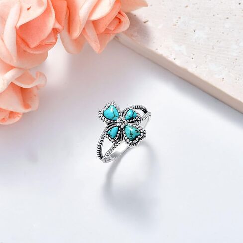 Turquoise/Moonstone Cross Ring Sterling Silver Natural Turquoise Flower Ring Navajo Tribes Style Ring for Women Her Wife in Saudi Arabia