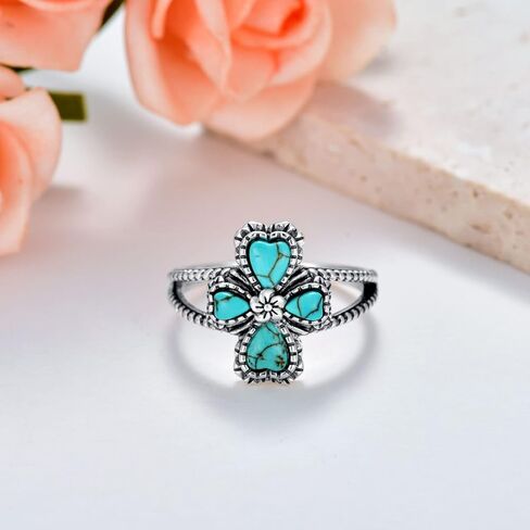 Turquoise/Moonstone Cross Ring Sterling Silver Natural Turquoise Flower Ring Navajo Tribes Style Ring for Women Her Wife in Saudi Arabia