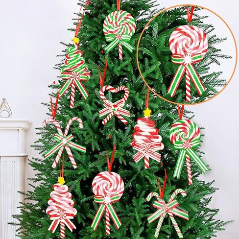 10Pcs Christmas Candy Cane Ornaments for Tree Decorations - Polymer Clay Glitter Lollipop Candy Cane for Holiday Party Home Decor in Saudi Arabia
