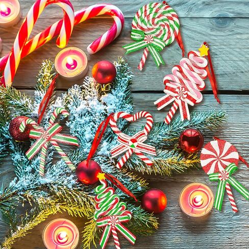 10Pcs Christmas Candy Cane Ornaments for Tree Decorations - Polymer Clay Glitter Lollipop Candy Cane for Holiday Party Home Decor in Saudi Arabia