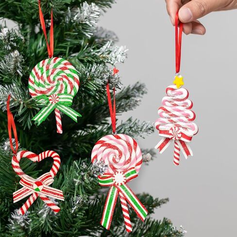 10Pcs Christmas Candy Cane Ornaments for Tree Decorations - Polymer Clay Glitter Lollipop Candy Cane for Holiday Party Home Decor in Saudi Arabia