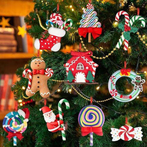 10Pcs Christmas Candy Cane Ornaments for Tree Decorations - Polymer Clay Glitter Lollipop Candy Cane for Holiday Party Home Decor in Saudi Arabia