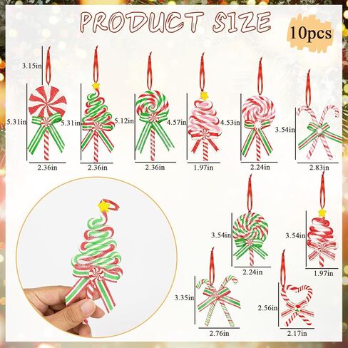 10Pcs Christmas Candy Cane Ornaments for Tree Decorations - Polymer Clay Glitter Lollipop Candy Cane for Holiday Party Home Decor in Saudi Arabia