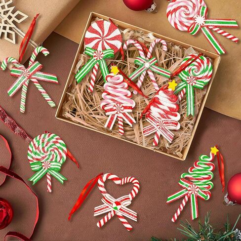 10Pcs Christmas Candy Cane Ornaments for Tree Decorations - Polymer Clay Glitter Lollipop Candy Cane for Holiday Party Home Decor in Saudi Arabia