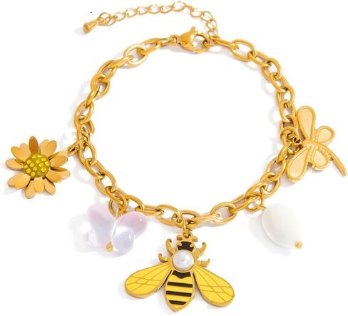 Dainty Sunflower Bee Charm Stainless Steel Bracelet for Women Trendy 18k Gold Plated Dragonfly Butterfly Pearl Pendant Chunky Adjustable Cuban Link Chain Summer Beach Insect Vacation Jewelry Gift in Saudi Arabia