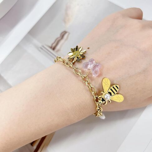 Dainty Sunflower Bee Charm Stainless Steel Bracelet for Women Trendy 18k Gold Plated Dragonfly Butterfly Pearl Pendant Chunky Adjustable Cuban Link Chain Summer Beach Insect Vacation Jewelry Gift in Saudi Arabia