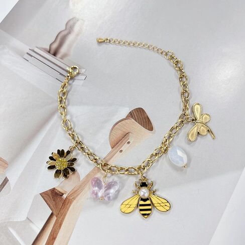 Dainty Sunflower Bee Charm Stainless Steel Bracelet for Women Trendy 18k Gold Plated Dragonfly Butterfly Pearl Pendant Chunky Adjustable Cuban Link Chain Summer Beach Insect Vacation Jewelry Gift in Saudi Arabia