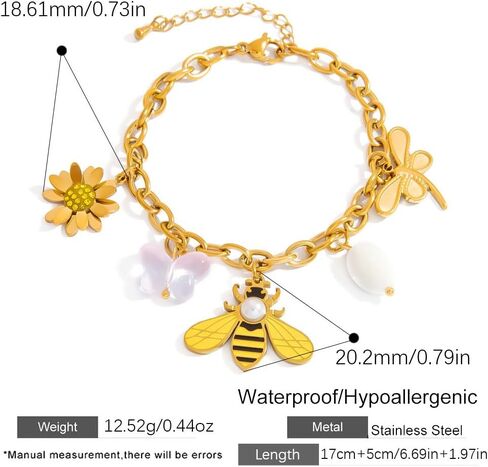 Dainty Sunflower Bee Charm Stainless Steel Bracelet for Women Trendy 18k Gold Plated Dragonfly Butterfly Pearl Pendant Chunky Adjustable Cuban Link Chain Summer Beach Insect Vacation Jewelry Gift in Saudi Arabia
