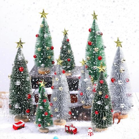 9 Pack Pink Christmas Bottle Brush Trees, Artificial Mini Christmas Tree Decorated Ornaments Small Pink Sisal Tree with Wood Base for Xmas Winter Snow Miniature Tabletop Home Decoration in Saudi Arabia