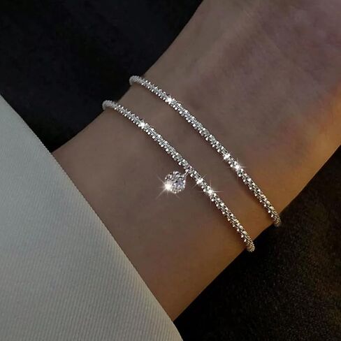 Dainty 925 Sterling Silver Bracelet Set, 2PCS Paper Clip & Multi-Layer Chain Bracelets for Women, Minimalist Stackable Jewelry Gift for Party Daily Wear in Saudi Arabia