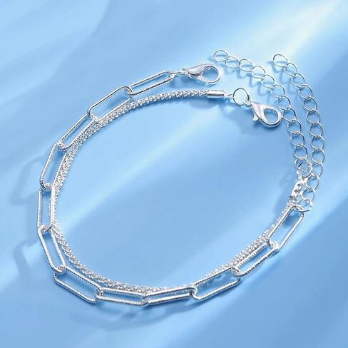 Dainty 925 Sterling Silver Bracelet Set, 2PCS Paper Clip & Multi-Layer Chain Bracelets for Women, Minimalist Stackable Jewelry Gift for Party Daily Wear in Saudi Arabia