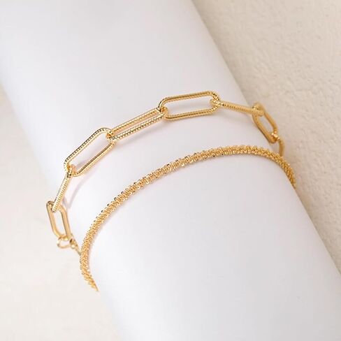 Dainty 925 Sterling Silver Bracelet Set, 2PCS Paper Clip & Multi-Layer Chain Bracelets for Women, Minimalist Stackable Jewelry Gift for Party Daily Wear in Saudi Arabia