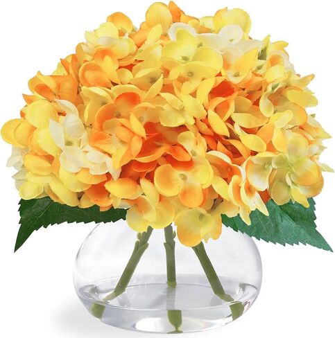 Hydrangea Artificial Flowers in Glass Vase, White Silk Fake Flowers Silk Centerpiece Table Decorations for Dining Room， Coffee Table Decor，Wedding, Home with Faux Water Decor（White） in Saudi Arabia