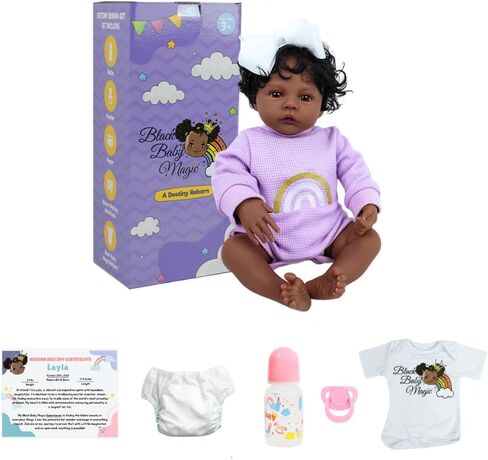 Black Baby Magic Reborn Destiny Doll w/Accessories, 6 Piece Gift Set, Soft Body, 17 Inch Newborn, Realistic, Curly Natural Hair, Black African American Girl (Zuri) in Saudi Arabia