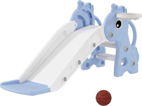 Qaba Toddler Slide with Climber, Basketball Hoop and Ball, Indoor Kids Slide with Giraffe Design, Freestanding Playground Equipment for Age 1-3 Years, Pink in Saudi Arabia