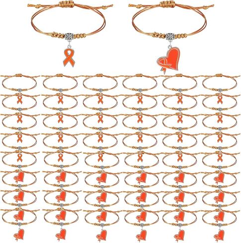 12/24/48 Pcs Orange Leukemia Awareness Bracelets Bulk Adjustable Orange Ribbon Multiple Sclerosis Bracelets Leukemia Awareness Gifts for Men Women Cancer Survivor Fighter Jewelry in Saudi Arabia