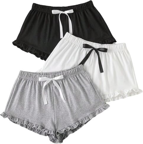 OYOANGLE Women's 3 Packs Bow High Elastic Waist Pj Shorts Y2K Frill Trim Ruffle Pajama Bottoms Loungewear in Saudi Arabia