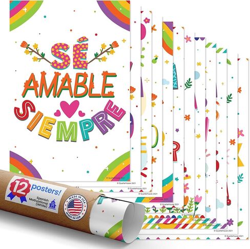 مجموعة ملصقات تحفيزية إسبانية (بيضاء) من Quarterhouse، مواد تعليمية للفصول الدراسية الإسبانية للطلاب والمعلمين من مرحلة الروضة وحتى الصف الثاني عشر، مجموعة مكونة من 12 قطعة، 12 × 18 بوصة، متينة للغاية in Kuwait