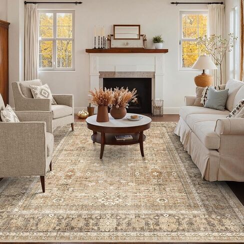 HelloTree Washable Rugs 5x7 Area Rug for Living Room, Vintage Boho Khaki Rug Non Slip Carpet Retro Accent Indoor Mat Print Distressed Low Pile Throw Large Rug for Office Bedside-Khaki in Saudi Arabia