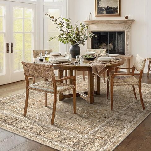 HelloTree Washable Rugs 5x7 Area Rug for Living Room, Vintage Boho Khaki Rug Non Slip Carpet Retro Accent Indoor Mat Print Distressed Low Pile Throw Large Rug for Office Bedside-Khaki in Saudi Arabia
