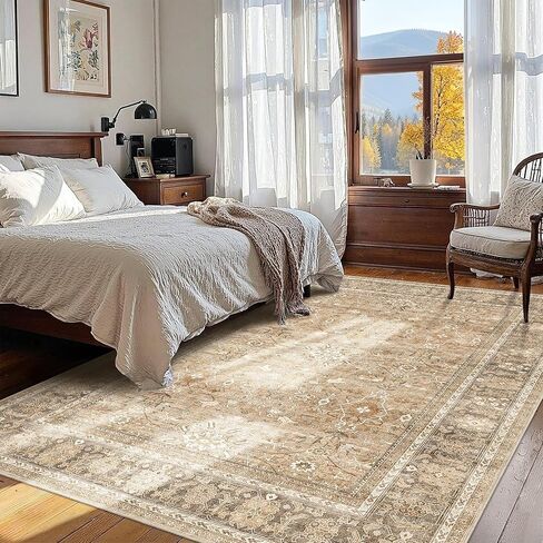 HelloTree Washable Rugs 5x7 Area Rug for Living Room, Vintage Boho Khaki Rug Non Slip Carpet Retro Accent Indoor Mat Print Distressed Low Pile Throw Large Rug for Office Bedside-Khaki in Saudi Arabia