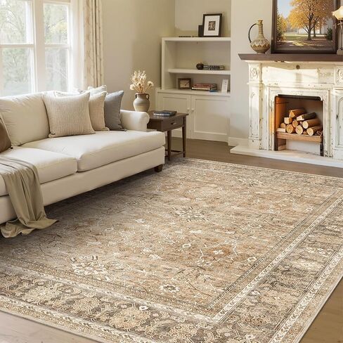 HelloTree Washable Rugs 5x7 Area Rug for Living Room, Vintage Boho Khaki Rug Non Slip Carpet Retro Accent Indoor Mat Print Distressed Low Pile Throw Large Rug for Office Bedside-Khaki in Saudi Arabia