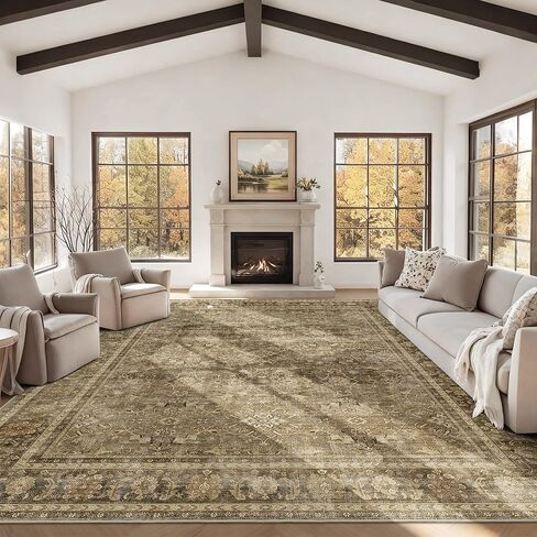 HelloTree Washable Rugs 5x7 Area Rug for Living Room, Vintage Boho Khaki Rug Non Slip Carpet Retro Accent Indoor Mat Print Distressed Low Pile Throw Large Rug for Office Bedside-Khaki in Saudi Arabia