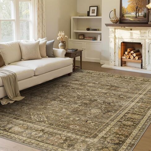 HelloTree Washable Rugs 5x7 Area Rug for Living Room, Vintage Boho Khaki Rug Non Slip Carpet Retro Accent Indoor Mat Print Distressed Low Pile Throw Large Rug for Office Bedside-Khaki in Saudi Arabia