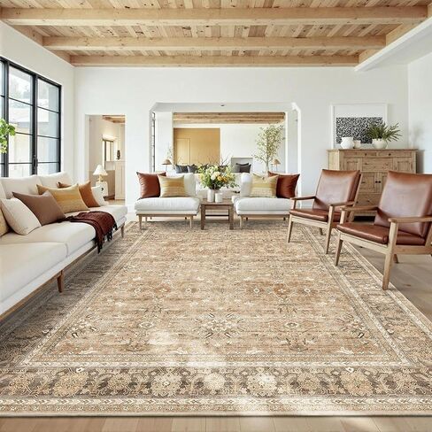 HelloTree Washable Rugs 5x7 Area Rug for Living Room, Vintage Boho Khaki Rug Non Slip Carpet Retro Accent Indoor Mat Print Distressed Low Pile Throw Large Rug for Office Bedside-Khaki in Saudi Arabia