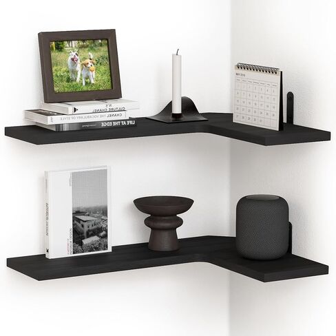 أرفف زاوية عائمة للجدار، رف مثبت على الحائط في الزاوية لتخزين ديكور المنزل، أرفف خشبية ريفية للغرفة والحمام وغرفة النوم والمطبخ - (2، أسود) in Kuwait