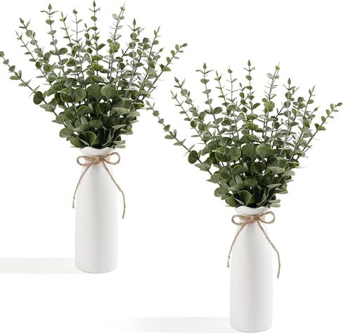 19" Fake Plants with Vase,40 Faux Eucalyptus Stems 2 White Ceramic Vases Realistic Artificial Plants indoor Artificial Greenery Stems in Vases for Centerpieces Bathroom Bedroom Modern Farmhouse Decor in Saudi Arabia