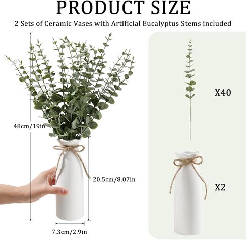 19" Fake Plants with Vase,40 Faux Eucalyptus Stems 2 White Ceramic Vases Realistic Artificial Plants indoor Artificial Greenery Stems in Vases for Centerpieces Bathroom Bedroom Modern Farmhouse Decor in Saudi Arabia