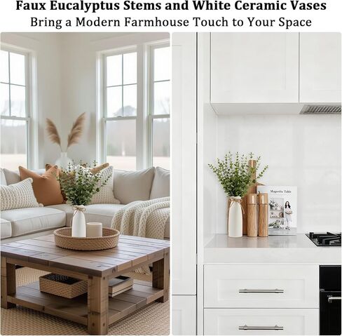 19" Fake Plants with Vase,40 Faux Eucalyptus Stems 2 White Ceramic Vases Realistic Artificial Plants indoor Artificial Greenery Stems in Vases for Centerpieces Bathroom Bedroom Modern Farmhouse Decor in Saudi Arabia
